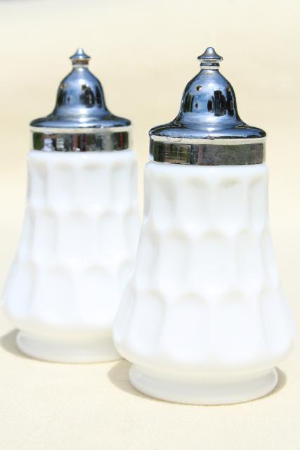 photo of vintage Fenton milk glass salt and pepper shakers, thumbprint pattern glass #1