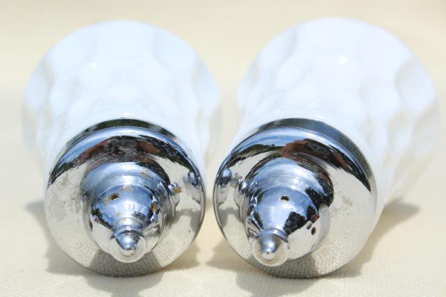 photo of vintage Fenton milk glass salt and pepper shakers, thumbprint pattern glass #4