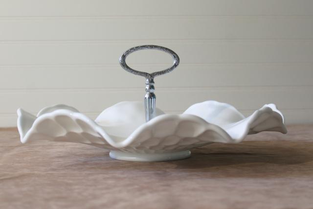 photo of vintage Fenton milk glass thumbprint pattern tidbit tray serving plate w/ center handle #1