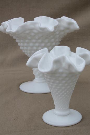 photo of vintage Fenton milk glass vases, hobnail pattern glass w/ crimped ruffle edge #1