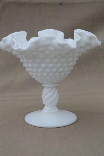 photo of vintage Fenton milk glass vases, hobnail pattern glass w/ crimped ruffle edge #2