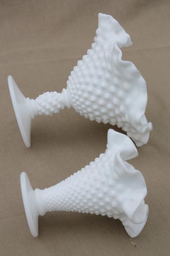 photo of vintage Fenton milk glass vases, hobnail pattern glass w/ crimped ruffle edge #4