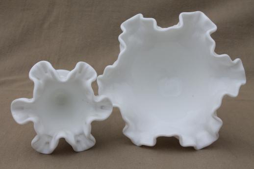 photo of vintage Fenton milk glass vases, hobnail pattern glass w/ crimped ruffle edge #5