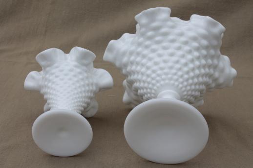 photo of vintage Fenton milk glass vases, hobnail pattern glass w/ crimped ruffle edge #6