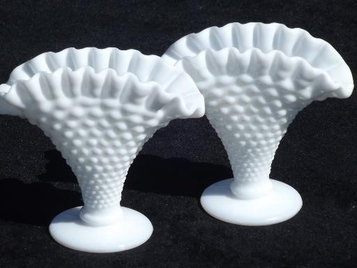 photo of vintage Fenton milk glass vases pair, hobnail fan shape crimped ruffle #1