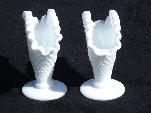 photo of vintage Fenton milk glass vases pair, hobnail fan shape crimped ruffle #2