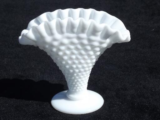 photo of vintage Fenton milk glass vases pair, hobnail fan shape crimped ruffle #3