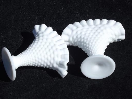 photo of vintage Fenton milk glass vases pair, hobnail fan shape crimped ruffle #4