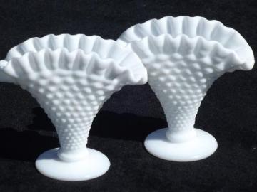 catalog photo of vintage Fenton milk glass vases pair, hobnail fan shape crimped ruffle