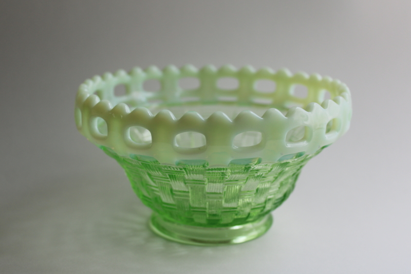 photo of vintage Fenton opalescent green uranium glass, basket weave pattern bowl lace edge  #3
