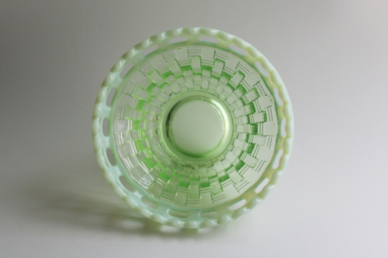 photo of vintage Fenton opalescent green uranium glass, basket weave pattern bowl lace edge  #5