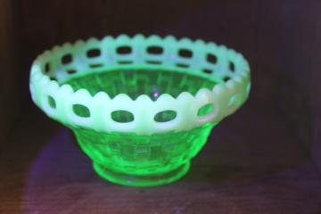 catalog photo of vintage Fenton opalescent green uranium glass, basket weave pattern bowl lace edge 