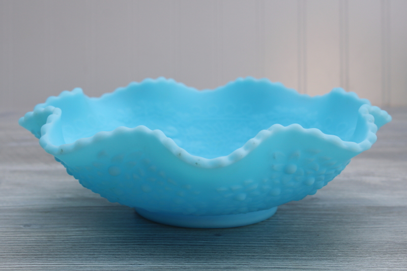 photo of vintage Fenton orange tree cherry chain pattern fruit bowl, blue satin glass #1