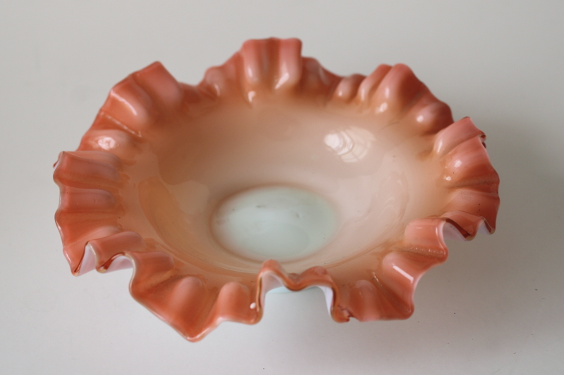 photo of vintage Fenton peach crest milk glass candy dish or trinket, double crimped small bowl  #1