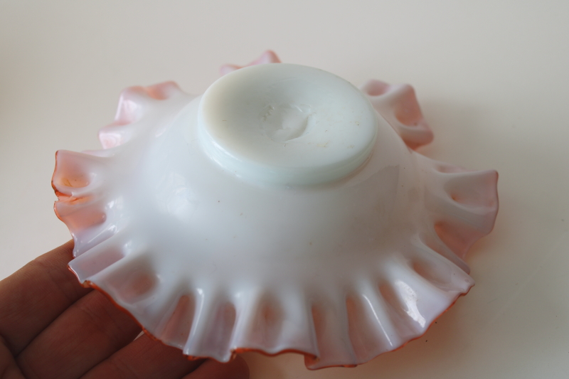 photo of vintage Fenton peach crest milk glass candy dish or trinket, double crimped small bowl #4