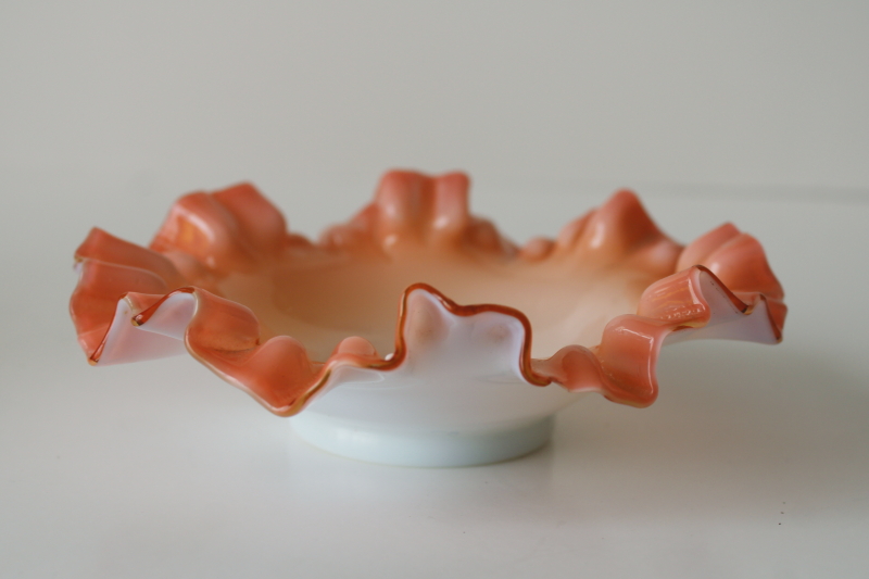 photo of vintage Fenton peach crest milk glass candy dish or trinket, double crimped small bowl #5