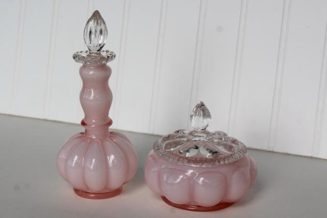 photo of vintage Fenton puff box & perfume bottle, Silver Crest rose pink cased milk white glass #1