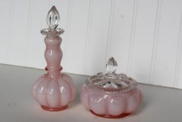 catalog photo of vintage Fenton puff box & perfume bottle, Silver Crest rose pink cased milk white glass