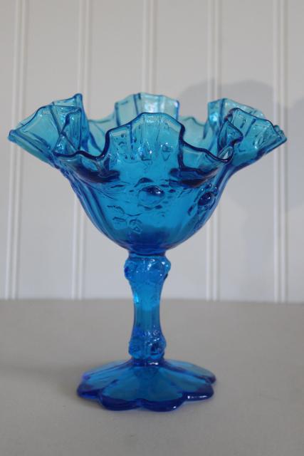 photo of vintage Fenton rose molded roses compote w/ crimped edge, colonial blue colored glass #1