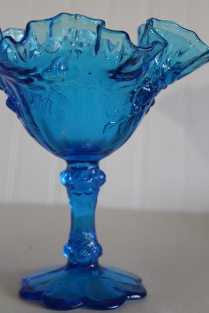 photo of vintage Fenton rose molded roses compote w/ crimped edge, colonial blue colored glass #4