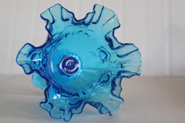 photo of vintage Fenton rose molded roses compote w/ crimped edge, colonial blue colored glass #5