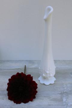 catalog photo of vintage Fenton rose pattern milk glass bud vase, tall swung shape vase