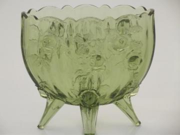 catalog photo of vintage Fenton rose pattern vase, colonial green glass footed vase 