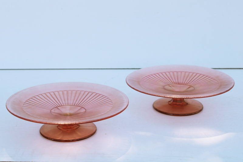 photo of vintage Fenton rose pink iridescent stretch glass, pair of small cake stands, compote or dessert plates #1
