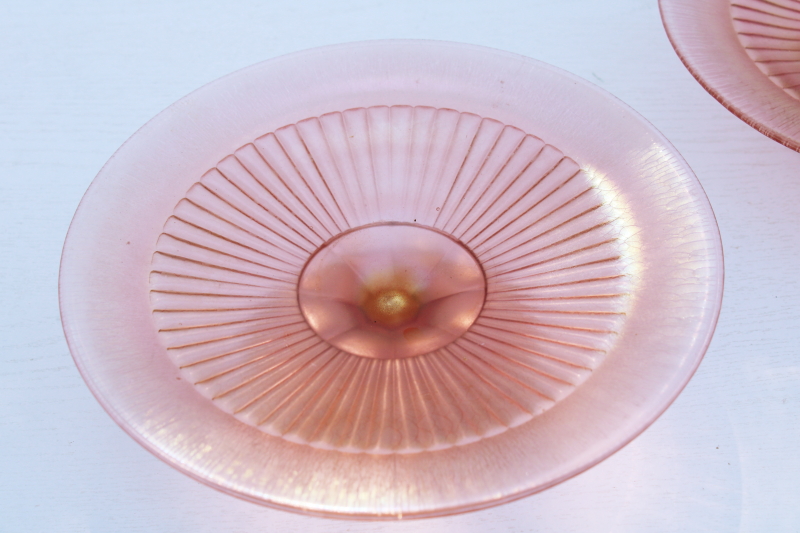 photo of vintage Fenton rose pink iridescent stretch glass, pair of small cake stands, compote or dessert plates #2