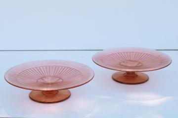 catalog photo of vintage Fenton rose pink iridescent stretch glass, pair of small cake stands, compote or dessert plates