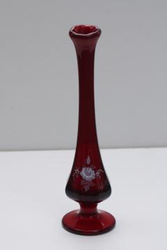 catalog photo of vintage Fenton ruby red glass bud vase, artist signed hand painted glass