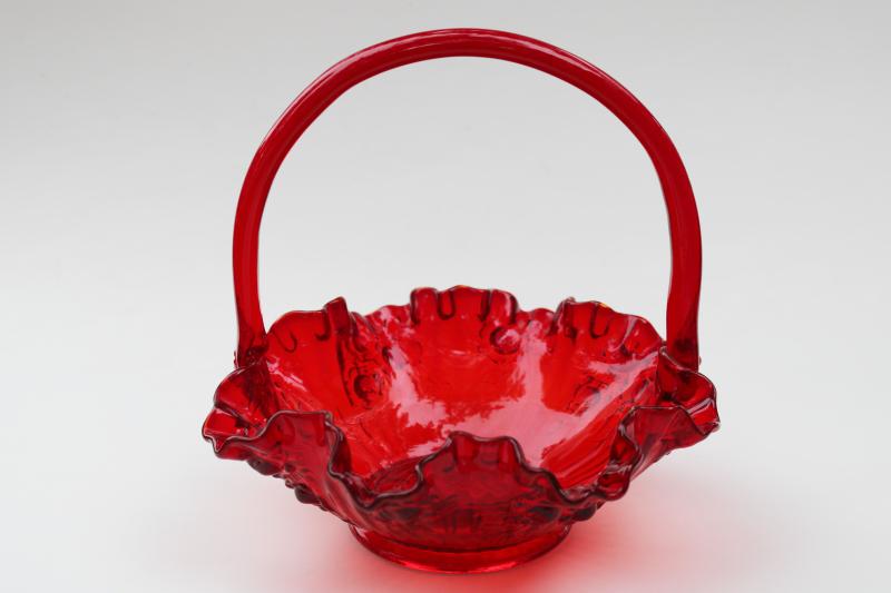 photo of vintage Fenton ruby red glass cabbage rose basket, flower bowl #1