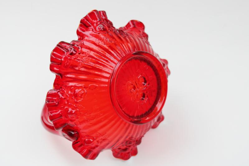 photo of vintage Fenton ruby red glass cabbage rose basket, flower bowl #5