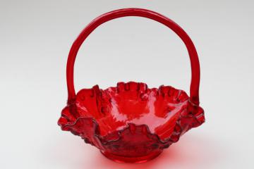 catalog photo of vintage Fenton ruby red glass cabbage rose basket, flower bowl