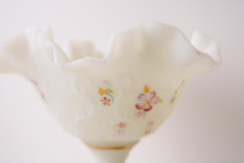 photo of vintage Fenton satin custard glass compote or candy dish w/ hand painted flowers #2