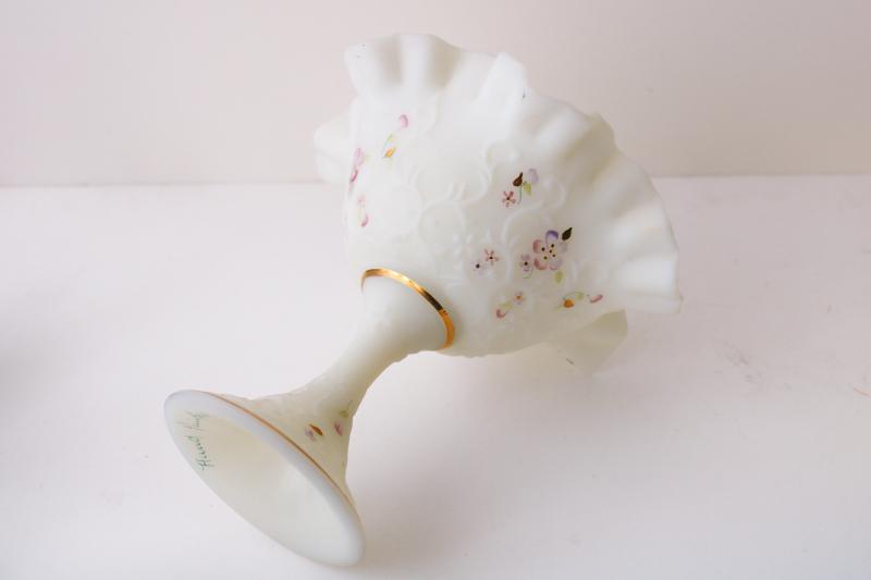 photo of vintage Fenton satin custard glass compote or candy dish w/ hand painted flowers #6
