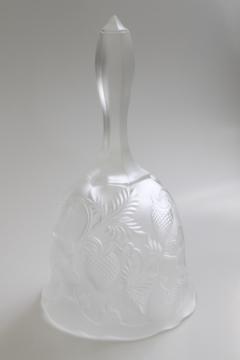 catalog photo of vintage Fenton satin finish clear glass bell, inverted strawberry pattern 