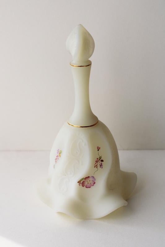 photo of vintage Fenton satin frosted custard glass table bell w/ hand painted pink daisy floral #1