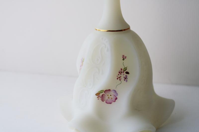 photo of vintage Fenton satin frosted custard glass table bell w/ hand painted pink daisy floral #2