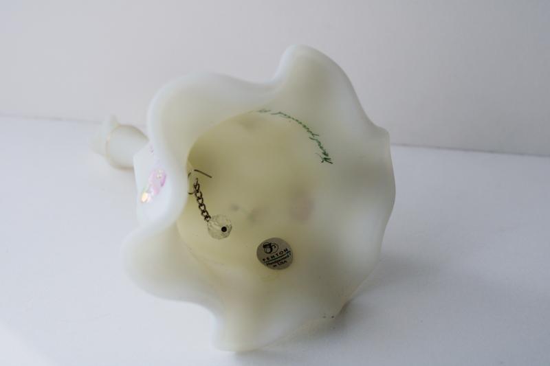 photo of vintage Fenton satin frosted custard glass table bell w/ hand painted pink daisy floral #4