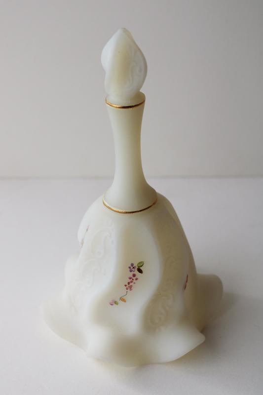 photo of vintage Fenton satin frosted custard glass table bell w/ hand painted pink daisy floral #7