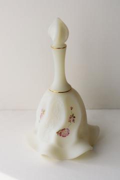 catalog photo of vintage Fenton satin frosted custard glass table bell w/ hand painted pink daisy floral