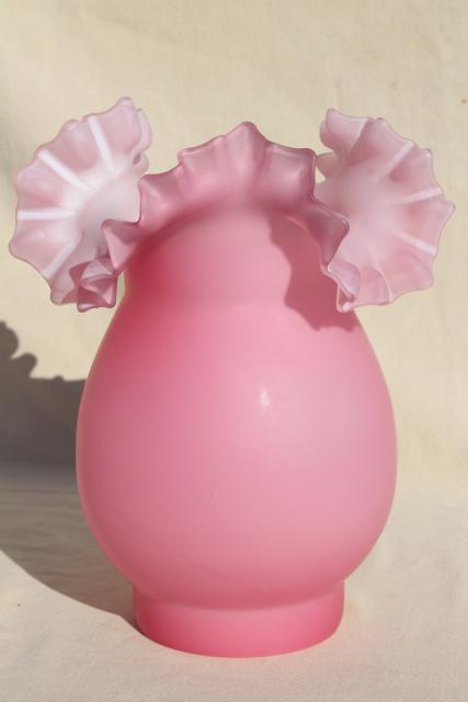 photo of vintage Fenton satin glass hurricane lamp shade, rose pink white cased glass #2