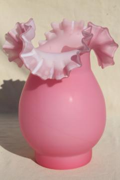 catalog photo of vintage Fenton satin glass hurricane lamp shade, rose pink white cased glass