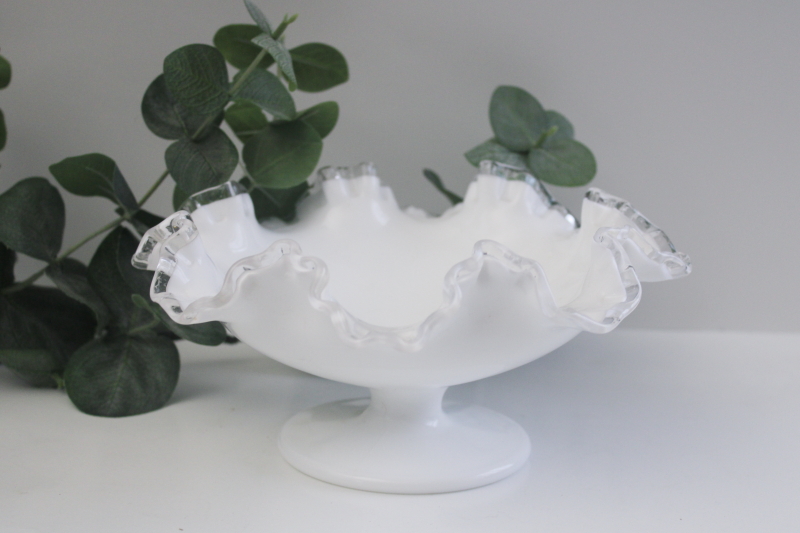 photo of vintage Fenton silver crest clear edge milk glass candy dish, crimped round bowl  #1