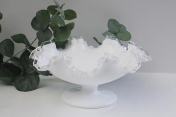 catalog photo of vintage Fenton silver crest clear edge milk glass candy dish, crimped round bowl 