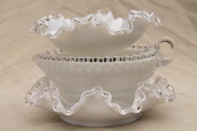 photo of vintage Fenton silver crest clear edge milk glass, instant collection art glass #4