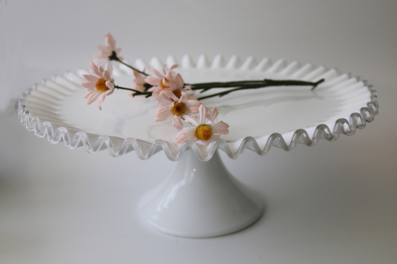 photo of vintage Fenton silver crest milk glass cake stand, white w/ clear edge crimped ruffle #1