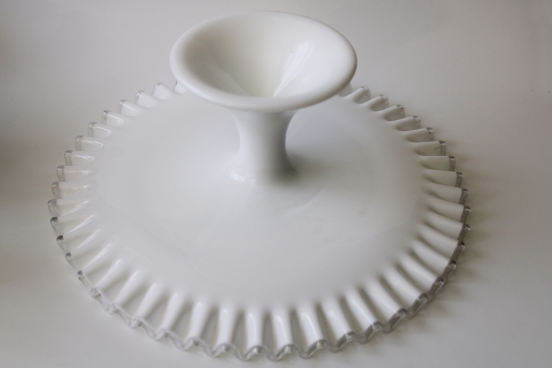 photo of vintage Fenton silver crest milk glass cake stand, white w/ clear edge crimped ruffle #4