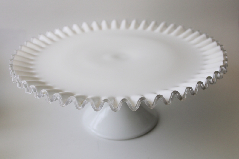 photo of vintage Fenton silver crest milk glass cake stand, white w/ clear edge crimped ruffle #5